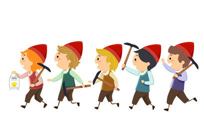 Stickman Kids Dwarves Marching Miners Illustration