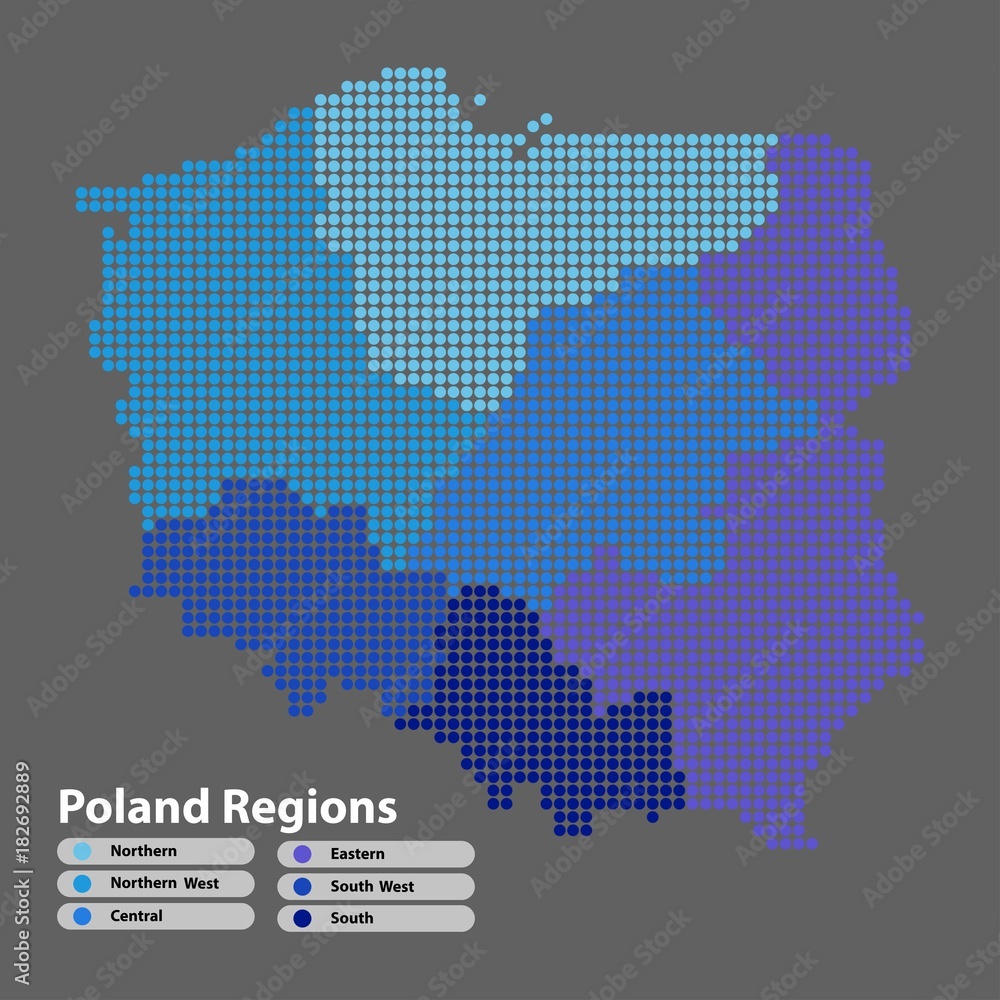 Poster poland map of circle shape with the regions blue color in bright colors on white background. vector 