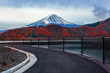  Mt. Fuji and lake in japan with red maple tree.