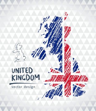 United Kingdom vector map with flag inside isolated on a white background. Sketch chalk hand drawn illustration