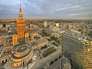 Poland, Warsaw - 2017/10/31: Warsaw downtown panoramic view with Science and Culture Palace in foreground