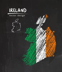 Ireland map with flag inside on the blackboard. Chalk sketch vector illustration