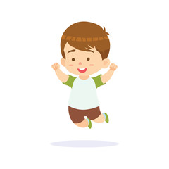 Funny cartoon character. Little boy jumping with white background