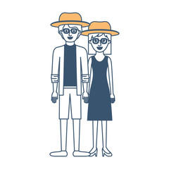 couple in color sections silhouette and both with hat and glasses and him with shirt and jacket and short pants and shoes and her with dress and heel shoes with mid length hair vector illustration