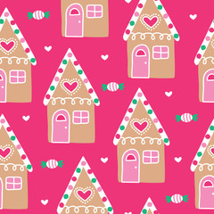 seamless merry christmas gingerbread house pattern vector illustration