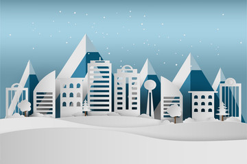 Merry Christmas and Happy New Year. Winter holiday snow in park at cityscape background, paper art and craft style.