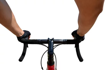 Photo sur Plexiglas Vélo Cyclist holding a handlebar isolated on white background.