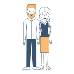 couple in color sections silhouette and him with beard and shirt and pants and shoes with side parted hairstyle and her with blouse and skirt and heel shoes with braided hair vector illustration
