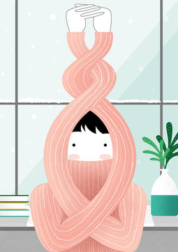 Illustration of woman in pink turtleneck sweater 