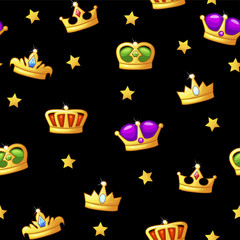Seamless cartoon vector pattern with king crown icons. Assets for game design