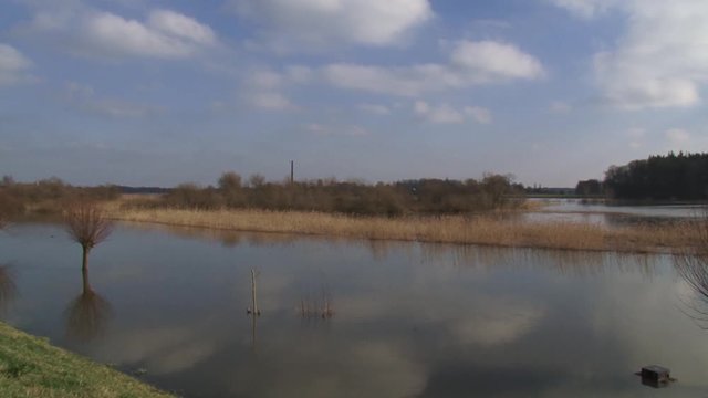 Rising water level river IJssel, dike + pan inundated floodplains with pollard willows and reed. Chimney brick factory at horizon. VEESSERWAARD, THE NETHERLANDS - FEBRUARY 2016