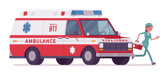 Female nurse at ambulance car
