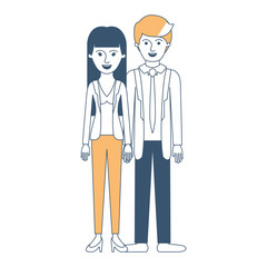 couple in color sections silhouette and her with blouse and jacket and pants and heel shoes with straight long hair and him with suit and tie and pants and shoes with short hair vector illustration