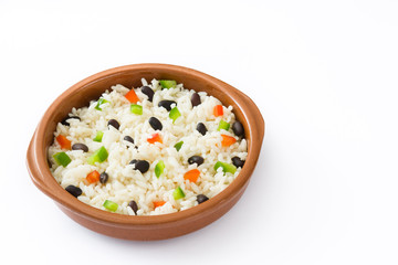 Traditional cuban rice, black beans and peppers isolated on white background. Moros y cristianos.

