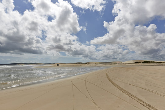 Ride on buggies, tracks on the beach in Jericoacoara National Park, near Jericoacoara, Ceara, Brazil
