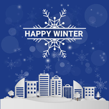Merry Christmas and Happy New Year. happy winter text on Snow flex.  Winter holiday snow in park at urban city background, paper art and craft style.