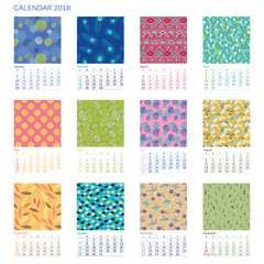 Calendar 2018 year illustrated with different pattern on each month. Starts on sunday