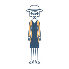 woman with hat and glasses and blouse with jacket and skirt and heel shoes with short hair in color sections silhouette vector illustration