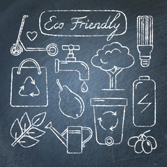 Set of hand drawn ecology icons on chalkboard