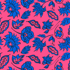 Floral seamless background pattern with fantasy flowers and leaves Line art. Embroidery flowers. Vector illustration.
