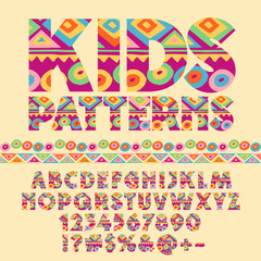 Colorful pattern vector Alphabet set for Children. Funky bright Letters, Symbols and Numbers