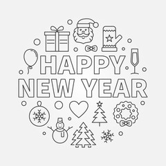 Happy New Year vector round illustration in line style