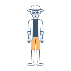 man with hat and glasses and shirt with jacket and short pants and shoes with short wavy hair in color sections silhouette vector illustration