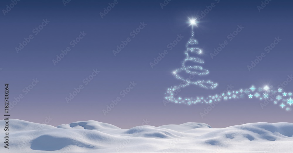 Poster snowflake christmas tree pattern shape in snow landscape