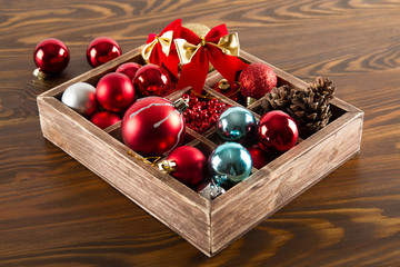 Wooden box with colorful ball for christmas decoration