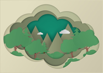 forest and mountains vector backgrounds. nature landscape in paper flame. paper art and craft style.