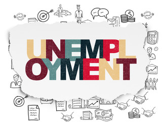 Finance concept: Painted multicolor text Unemployment on Torn Paper background with  Hand Drawn Business Icons