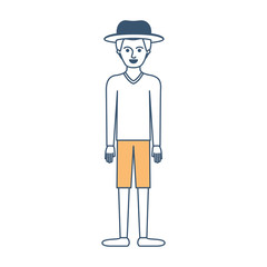man with hat and sweater and short pants and shoes with short hair in color sections silhouette vector illustration