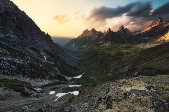 View in the direction towards Collet de la Fourche right before sunset, taken near Col de la Ponsonniere, Valloire, France