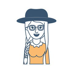 woman half body with hat and glasses and blouse long sleeve with braid and fringe hairstyle in color sections silhouette vector illustration