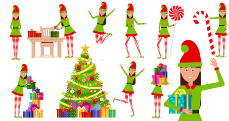 A cheerful girl in a gnome costume. A cartoon character in various poses.Set of vector, isolated objects.