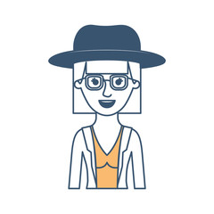 woman half body with hat and glasses and blouse with jacket with mushroom hairstyle in color sections silhouette vector illustration