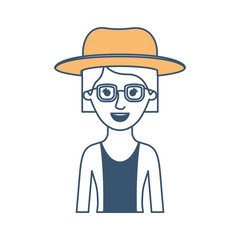woman half body with hat and glasses and blouse with jacket and short hair in color sections silhouette vector illustration