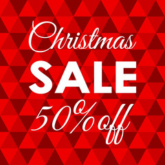 50% price off. Christmas sale banner. Xmas and holiday discount concept isolated on the red abstract background. Vector illustration.