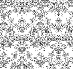 Floral seamless background pattern with fantasy flowers and leaves Line art. Embroidery flowers. Vector illustration.
