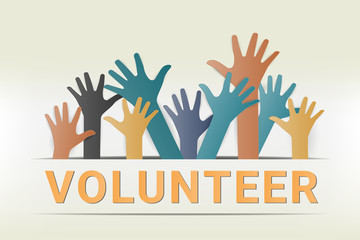 Colorful up hands. Raised hands volunteering vector concept.  paper art and craft style.