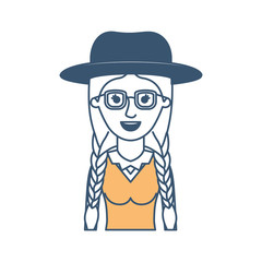 woman half body with hat and glasses and blouse with braided hair in color sections silhouette vector illustration