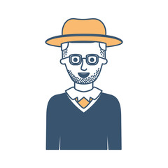 man half body with hat and glasses and sweater with short hair and stubble beard in color sections silhouette vector illustration