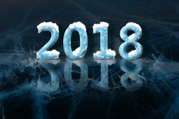 2018 New Year on dark blue ice frosted background.