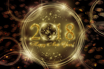 New year greetings 2018 with golden bokeh and sparklers on dark background with balls and clock