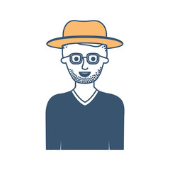 man half body with hat and glasses and sweater with short hair and stubble beard in color sections silhouette vector illustration