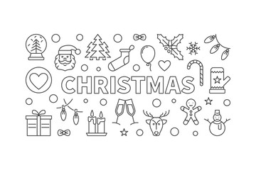 Christmas concept vector horizontal banner in thin line style