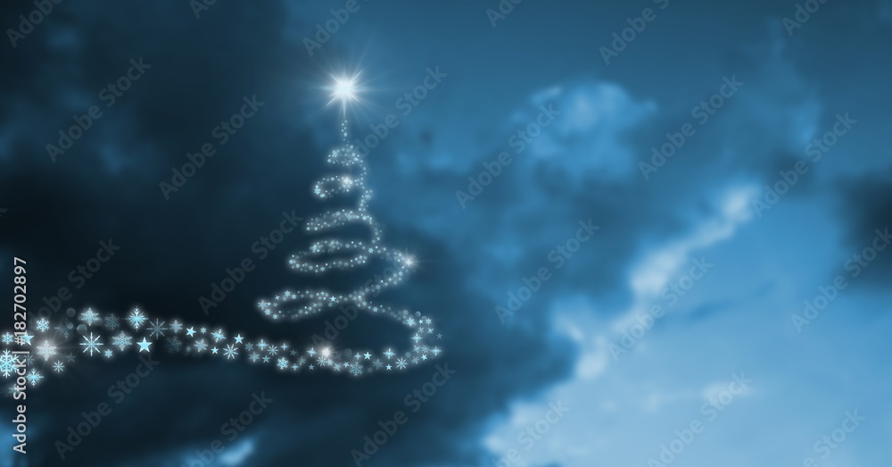 Poster snowflake christmas tree pattern shape glowing in sky