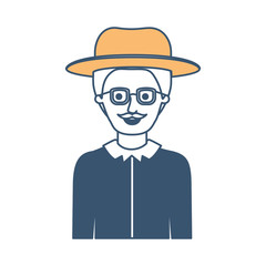 man half body with hat and glasses and shirt with short hair and moustache in color sections silhouette vector illustration