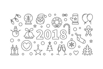 Happy New 2018 Year vector horizontal banner in thin line style