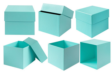 Cardboard box isolated on white. Blue boxes with lids in different positions. Beautiful Gift Box